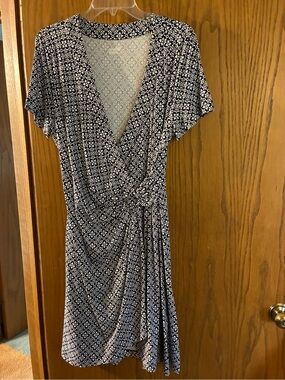 Lands' End Navy and White Printed Midi Wrap Dress